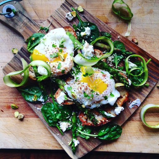 Poached Eggs, Asparagus Twirls & Goat's Cheese On Crusty Ciabatta